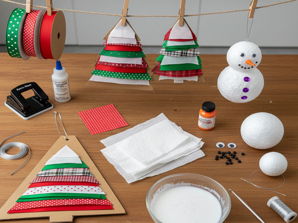 An overhead view of a table featuring supplies and finished tree trimming ornaments: a cardboard ribbon tree ornament, a Styrofoam snowman, ribbon spools, tissue paper, fabric glue, and craft supplies for making DIY Christmas decorations.
