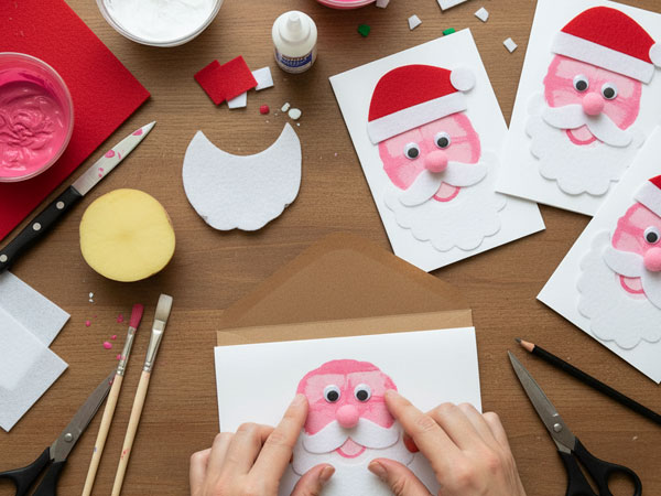 Overhead view of hands assembling a potato print Santa Christmas card, using a pink potato stamp for the face, white felt cutouts for the beard, red felt for the hat, and googly eyes.