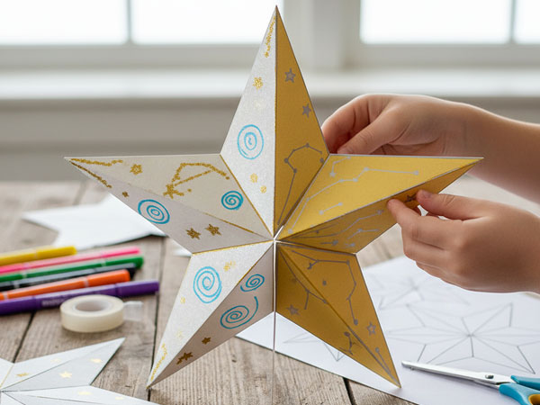 Child's hands assembling a three-dimensional paper Star of Bethlehem decoration, with one part being white with blue spirals and gold accents, and the other part gold with constellation patterns.