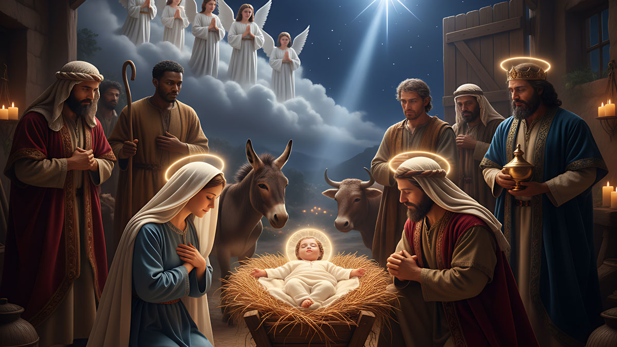 Nativity scene showing the birth of Jesus with Mary, Joseph, shepherds, and wise men - Christmas history image
