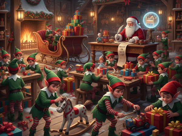 Elves in red and green outfits assembling and decorating toys in Santa's factory.