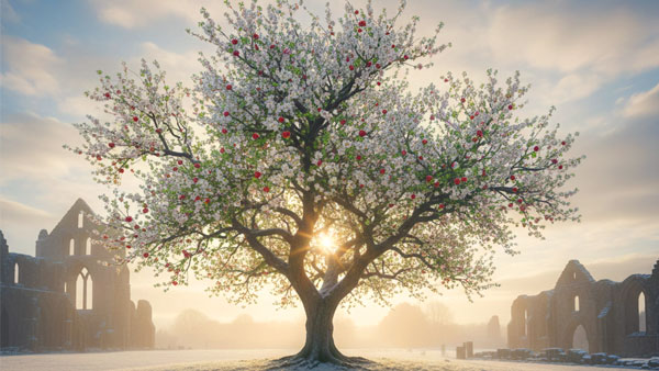 A flowering thorn tree with white blossoms and red berries in a snowy field with the ruins of Glastonbury Abbey.