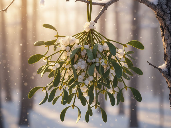 Mistletoe cluster with white berries hanging from a snowy tree branch in sunlight.