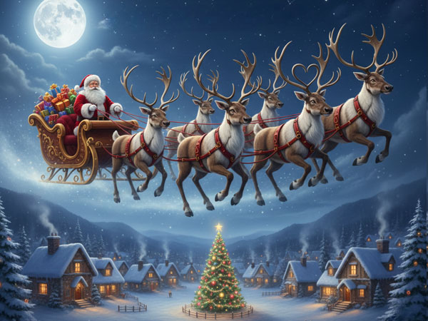 Santa and his flying reindeer delivering presents over a snow-covered town at night.