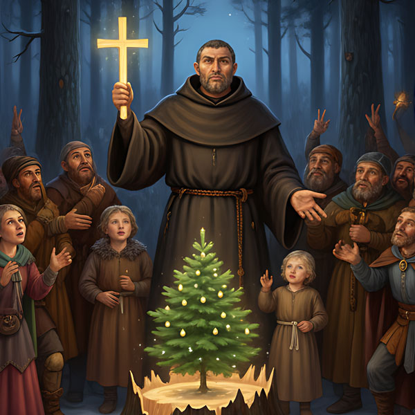 Saint Boniface introducing the first Christmas tree - Christmas history image