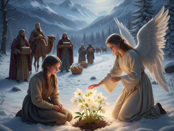 Angel showing Madelon the Christmas Rose (Winter Rose) blooming in the snow on the night of Christ's birth.