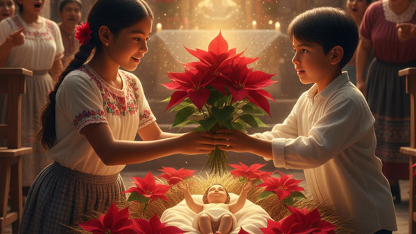 Nativity scene in a Mexican church surrounded by red poinsettias, with two smiling children presenting flowers.