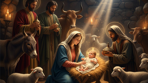 A detailed painting or illustration of the Christian Nativity scene, central to the history and traditions of Christmas