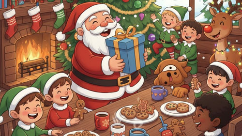 Festive Christmas party ideas illustration with Santa and children