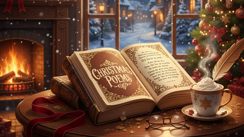 Christmas poems for kids displayed in a warm holiday reading setting