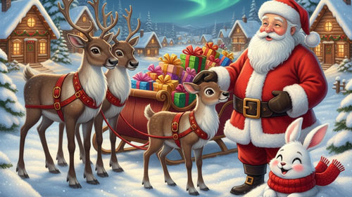 Santa Claus with a sleigh full of gifts and reindeer in a winter wonderland, inspired by classic stories of Christmas.
