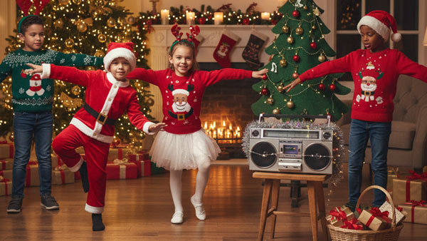 Christmas Freeze Dance party game with kids frozen in funny holiday poses.
