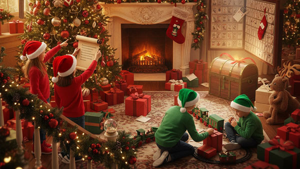 Christmas Party treasure hunt game with children finding clues and prizes.