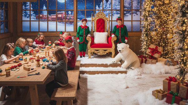 Enchanted North Pole workshop with children making toys, Santa's throne, and a snowy entrance.