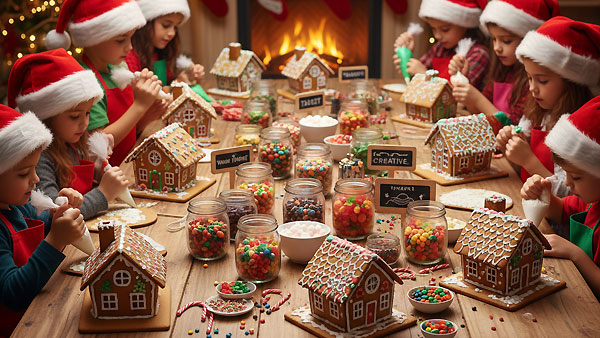 Christmas Party game: Kids decorating gingerbread houses with candy and icing.