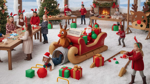 Reindeer Games Olympics activity stations for kids.