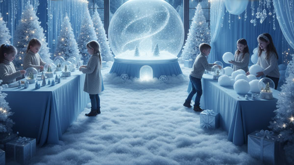 Kids enjoying a Christmas party with snow globe crafting, a snowball fight, and shimmering blue decor, creating a spectacular winter party atmosphere.