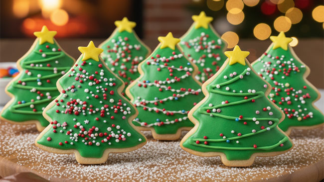Festive decorated Christmas tree cookies on a wooden board