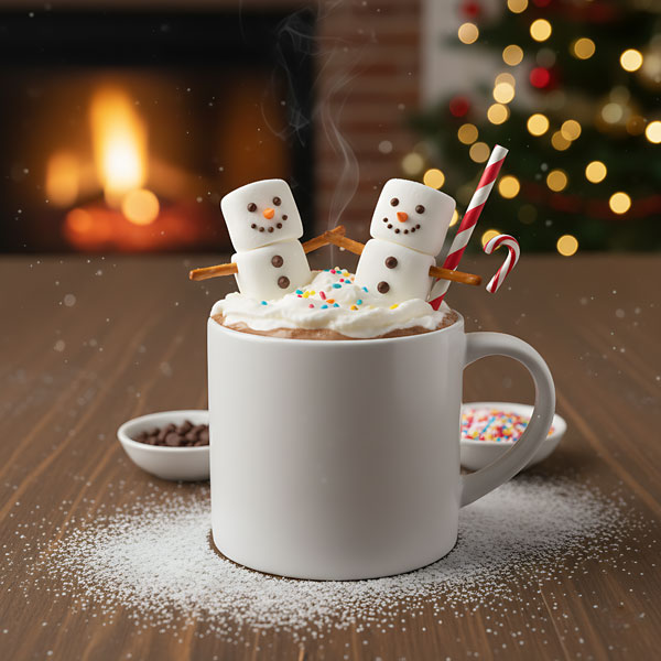Christmas hot chocolate recipe with marshmallow snowmen.