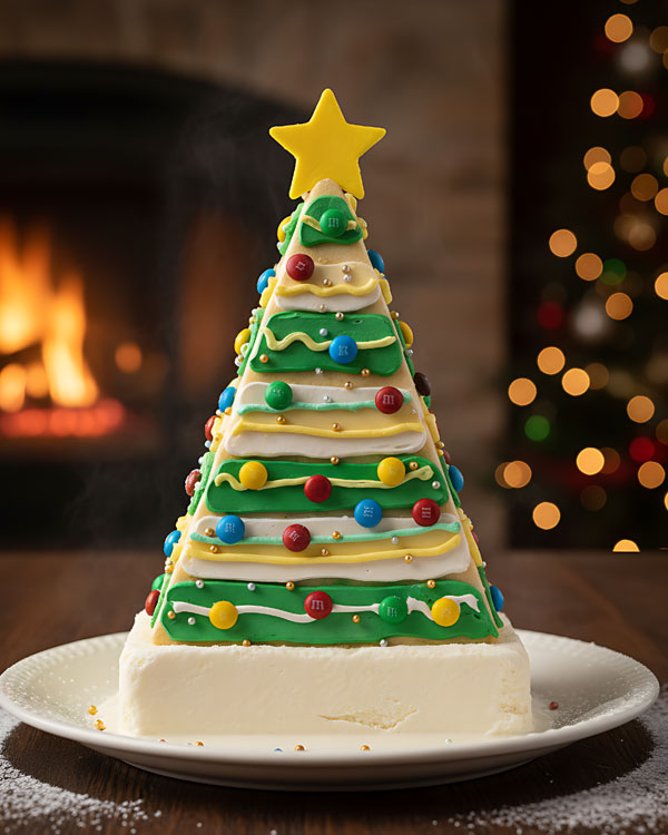 Edible Christmas tree holiday dessert with candy decorations and a star.