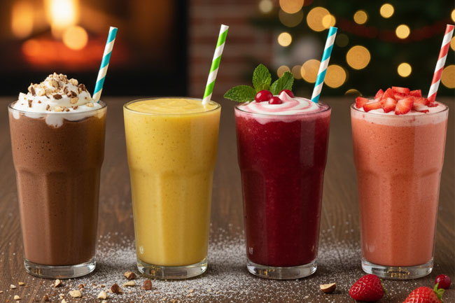 Festive assortment of Christmas-colored smoothies