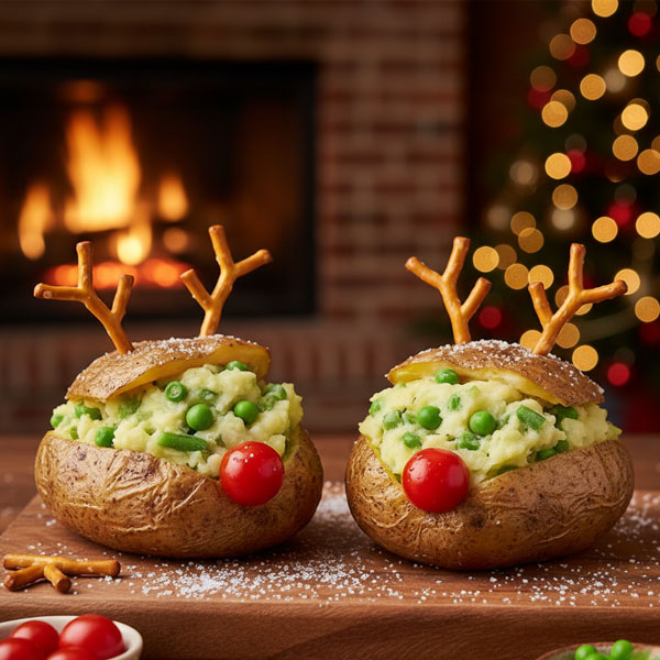 Festive reindeer baked potatoes with a Christmas backdrop