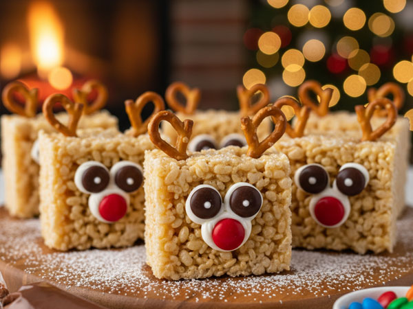 Square Rice Krispie treats for Christmas decorated as reindeer faces with pretzel antlers, candy eyes, and an M&M nose