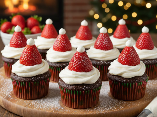 Santa hat strawberry Christmas cupcakes.