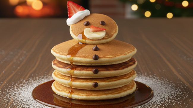 Christmas snowman pancakes with a strawberry hat and chocolate chip details, on a wooden table.