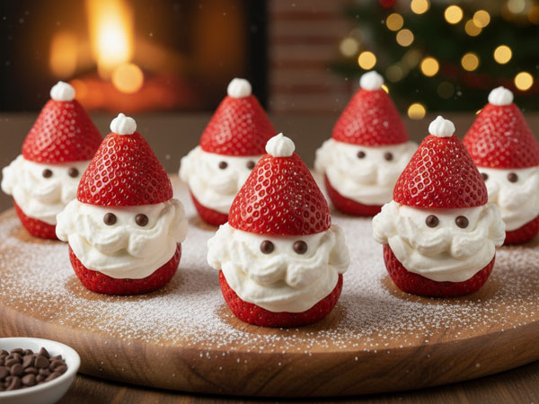 Cute Santa Claus strawberries with whipped cream beards and hats, on a wooden board.