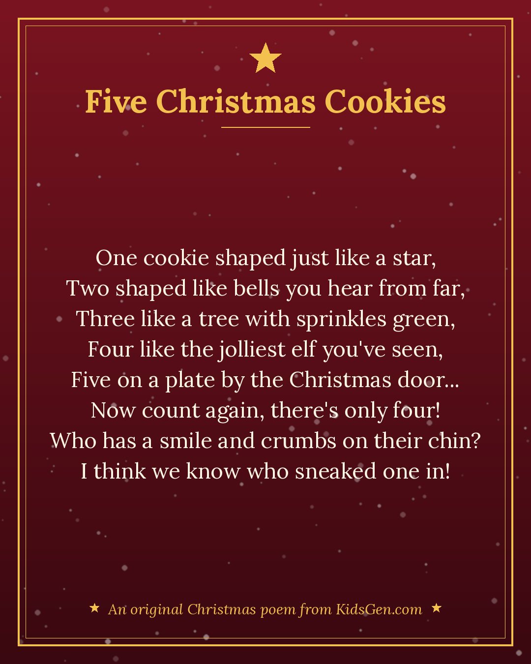 "Five Christmas Cookies", an original Christmas poem for kids from KidsGen, in gold and cream lettering on a snowy background