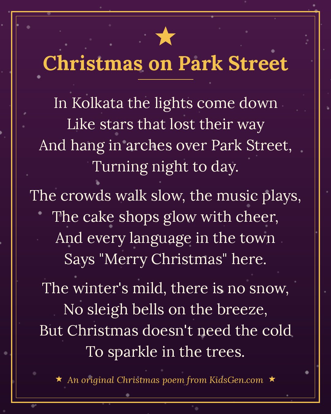 "Christmas on Park Street", an original Christmas poem for kids from KidsGen, in gold and cream lettering on a snowy background