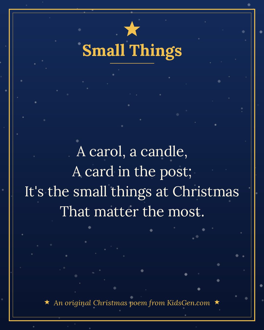 "Small Things", an original Christmas poem for kids from KidsGen, in gold and cream lettering on a snowy background
