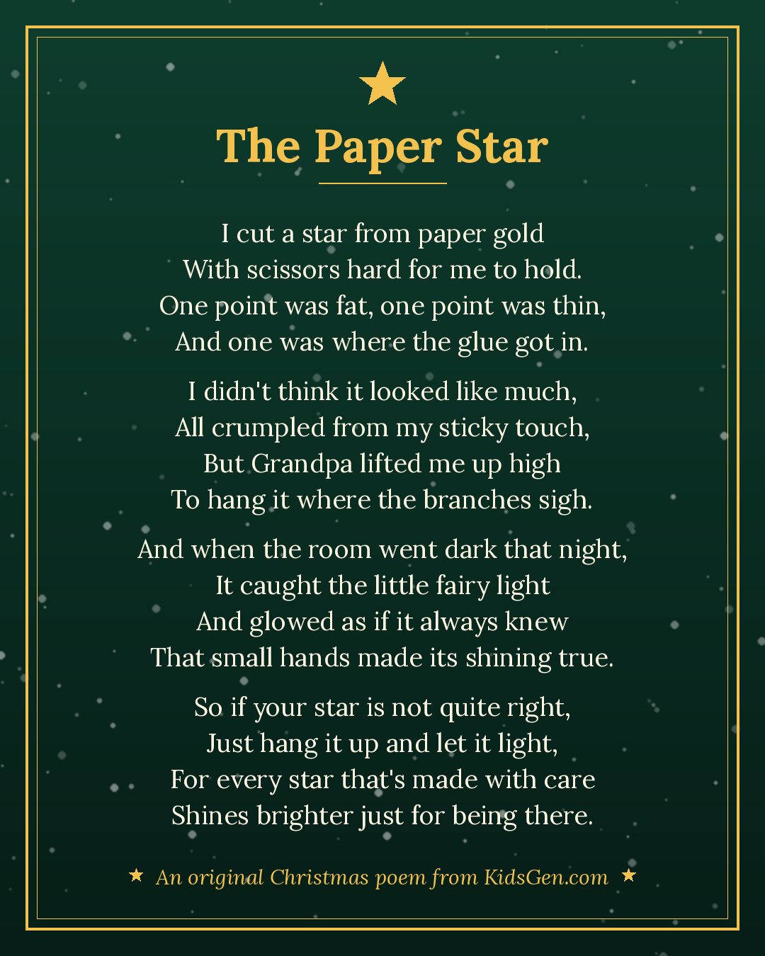 "The Paper Star", an original Christmas poem for kids from KidsGen, in gold and cream lettering on a snowy background
