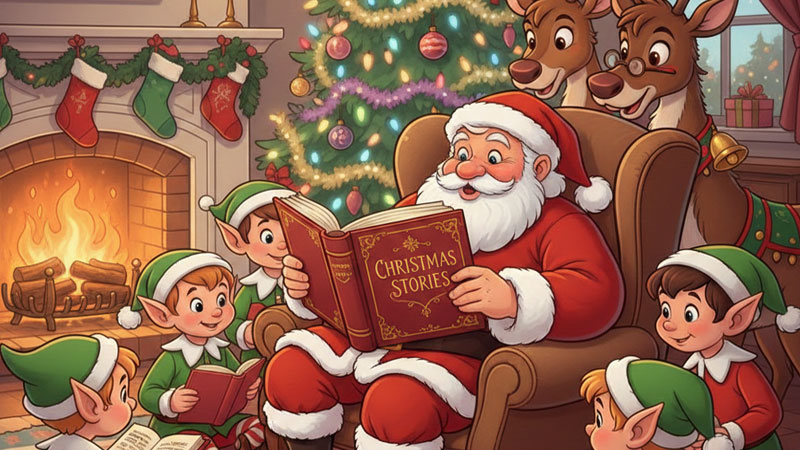 Cartoon Santa reading Christmas Stories book to elves and reindeers by a cozy fireplace and Christmas tree.