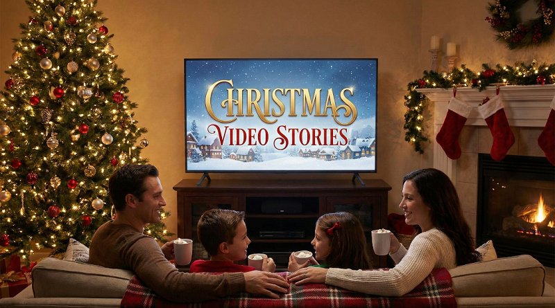 Children watching animated Christmas video stories featuring festive characters and holiday scenes