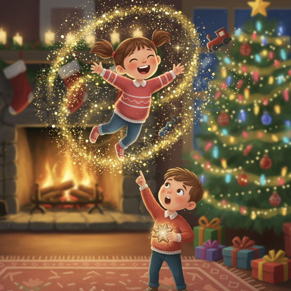 A magical Christmas scene where a young girl, Daisy, floats mid-air