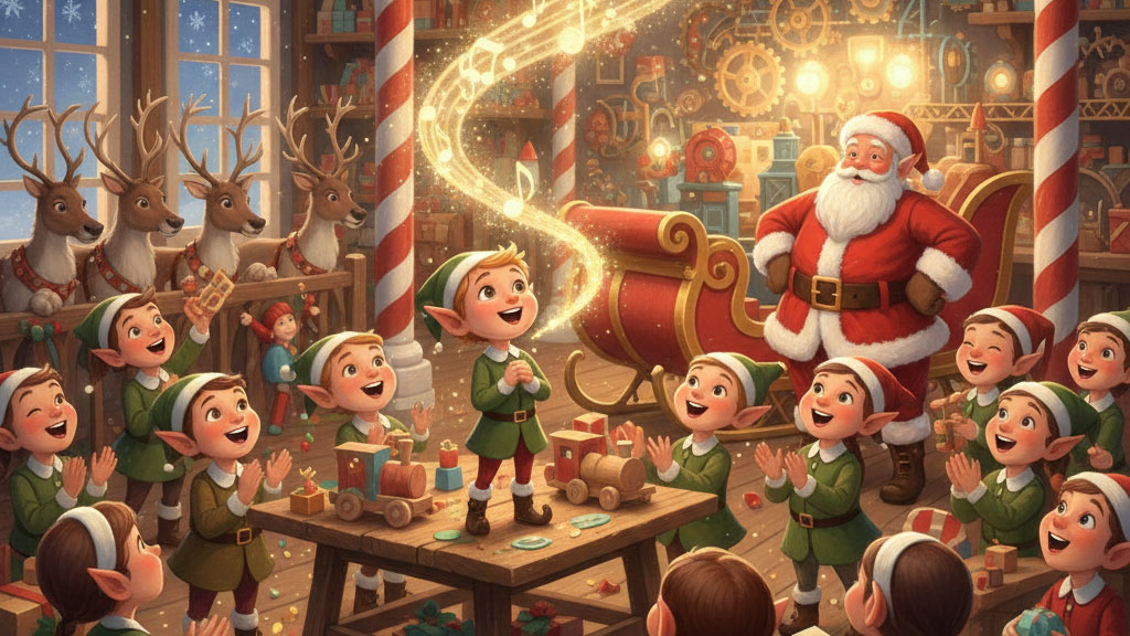 Eli the elf singing on a workshop table as golden musical notes glow around him, surrounded by cheering elves and Santa in a warm Christmas-lit workshop.