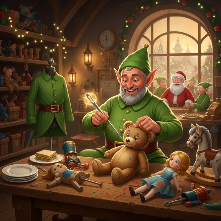 Illustration of a cheerful elf overeating Christmas treats in a festive holiday setting