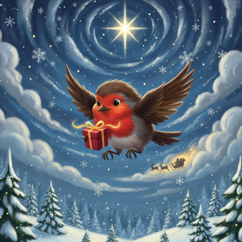 A tiny robin flying through a snowy night sky carrying a red gift box, with Santa's sleigh and reindeer glowing in the distance under a bright North Star.