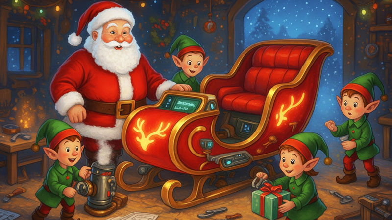 Artwork from a Christmas story featuring Santa's New Sleigh being revealed by Santa and his elves inside a magical North Pole workshop