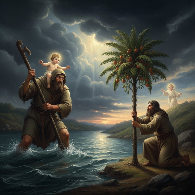 Illustration of St. Christopher carrying a child across a river in an inspiring Christmas story