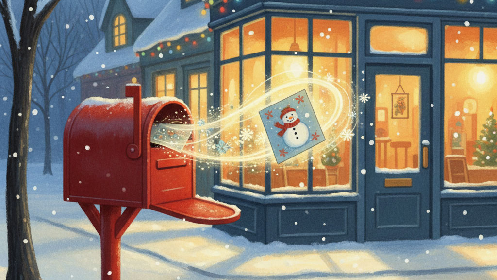 Illustration from the Christmas story "The Christmas Card That Flew," showing a magical Christmas card swirling out of a red mailbox on a snowy evening.