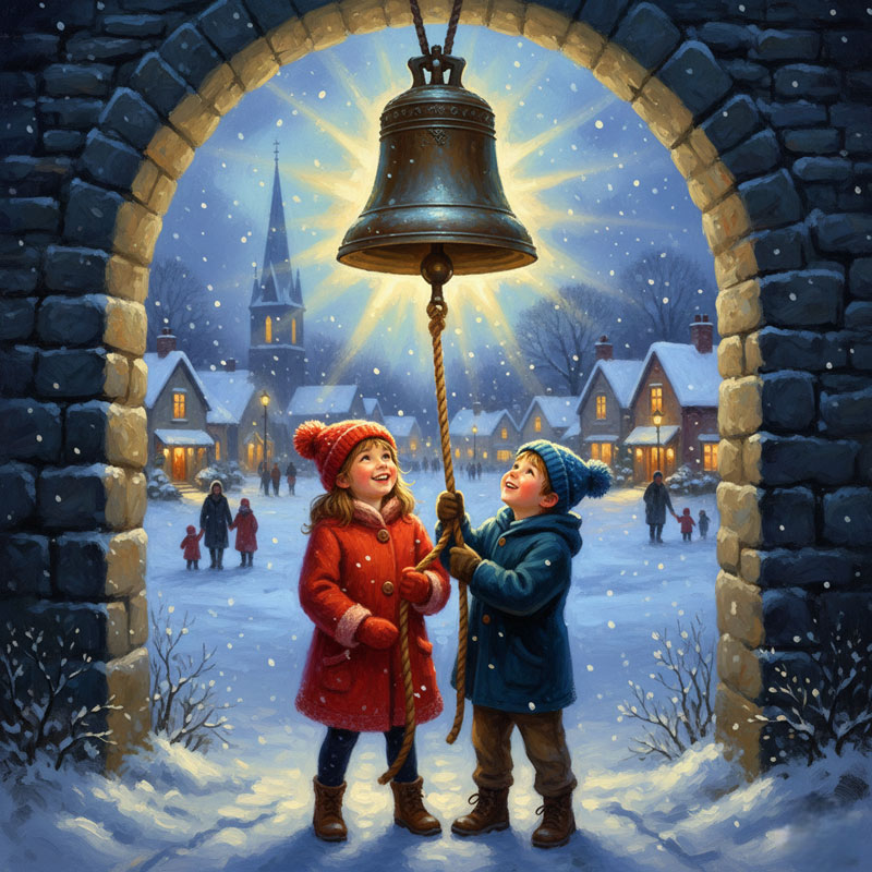 Two children ringing a glowing church bell on a snowy Christmas Eve as villagers gather in unity outside the stone church.