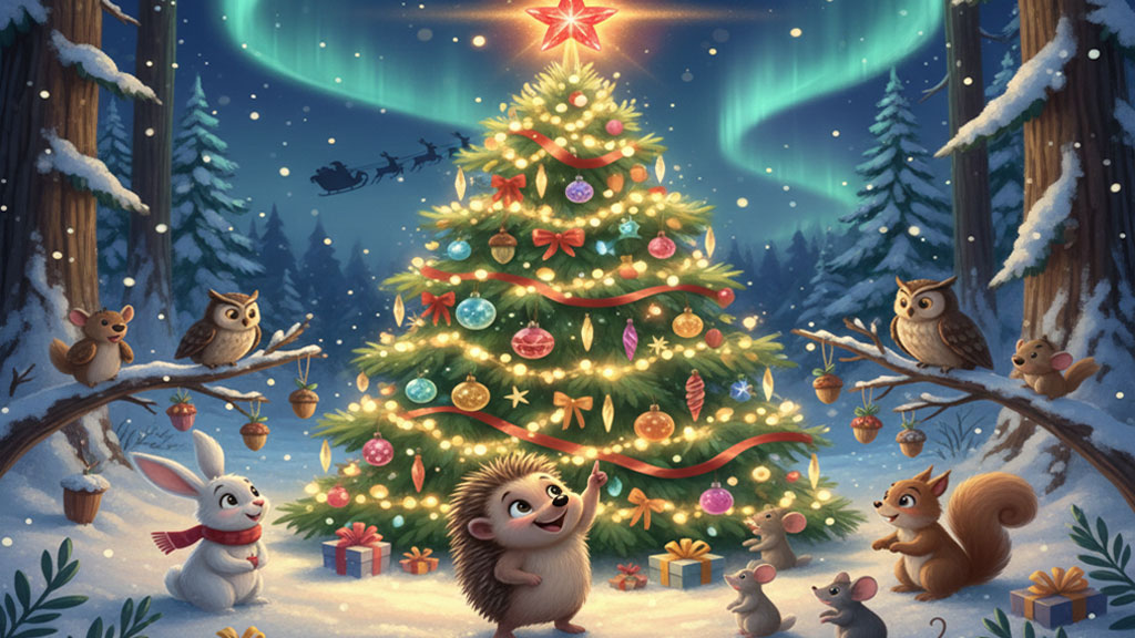 Illustration from the Christmas Story ‘The Christmas Hedgehog’ showing a happy hedgehog and woodland animals around a glowing Christmas tree in a snowy forest.