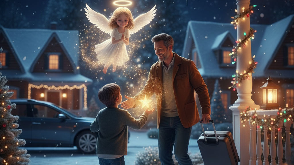 The Christmas Wish Angel Lumi oversees her successful mission as Oliver's father arrives home, fulfilling the boy's deepest, unspoken wish in this heartwarming Christmas Story.
