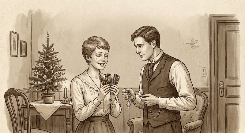 An illustration depicting the ironic climax of O. Henry's The Gift of the Magi