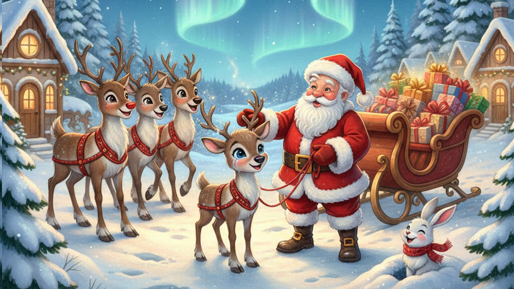An illustration of Santa Claus petting Roxy, the small reindeer, while other reindeer and a baby snow hare look on