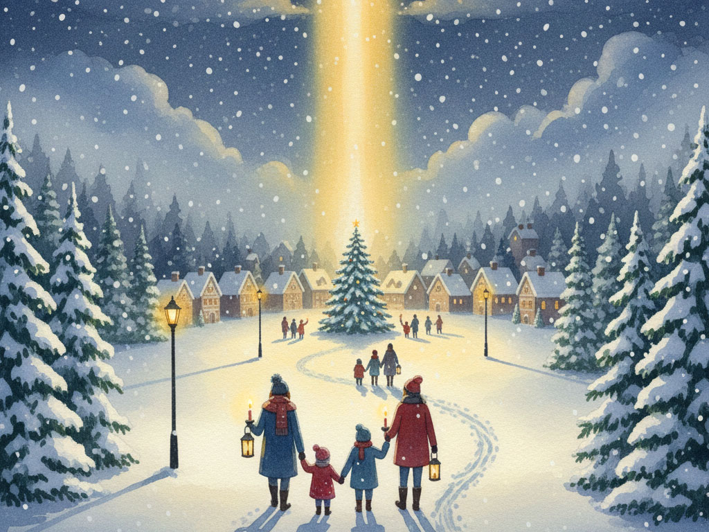 An illustration from the Christmas Story "The Little Star's Glow" shows families walking on a snowy path toward a twinkling village. A brilliant golden beam of starlight, representing Luma's light, illuminates their way from the sky to the central Christmas tree.