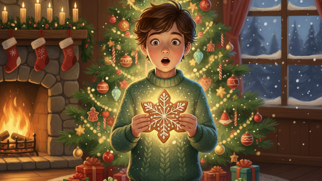 Close-up of Billy, a young boy illuminated by the soft golden glow of a magical snowflake cookie he is holding.